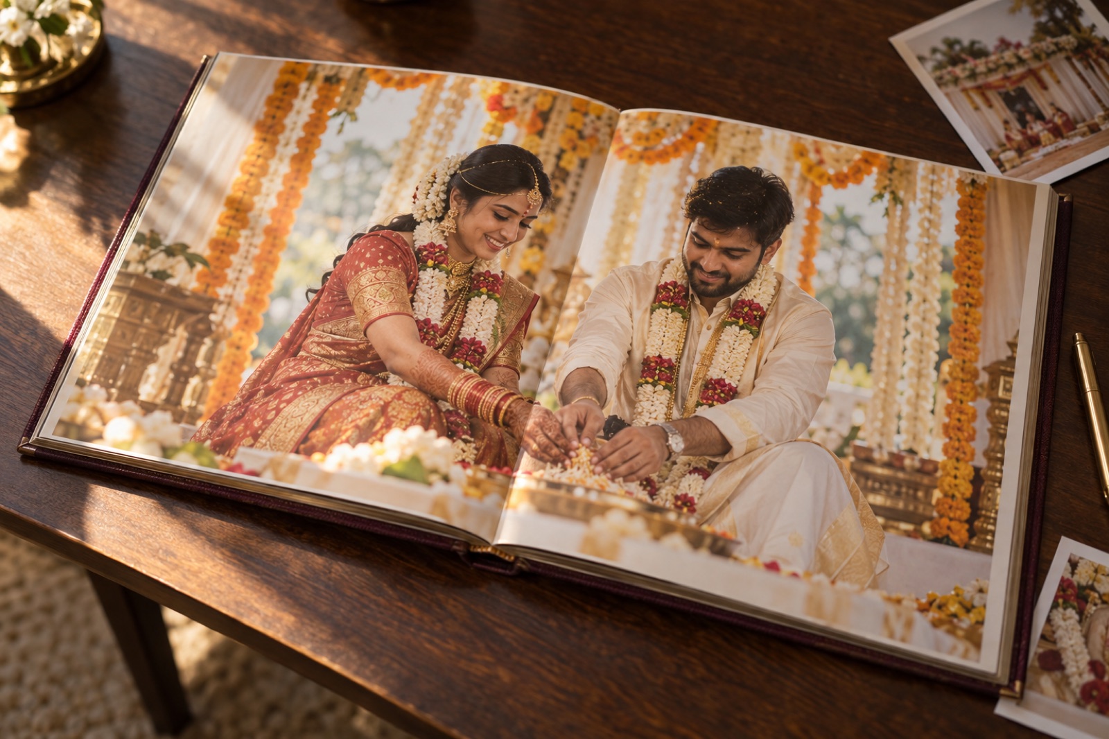 An open printed wedding album